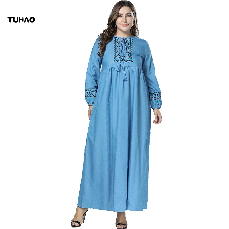 

TUHAO 2018 Woman Maxi Dress Long Sleeve Plus Size 4XL Elegant Denim Dresses Large Size Dress Autumn Dresses Muslim Robes ZZL