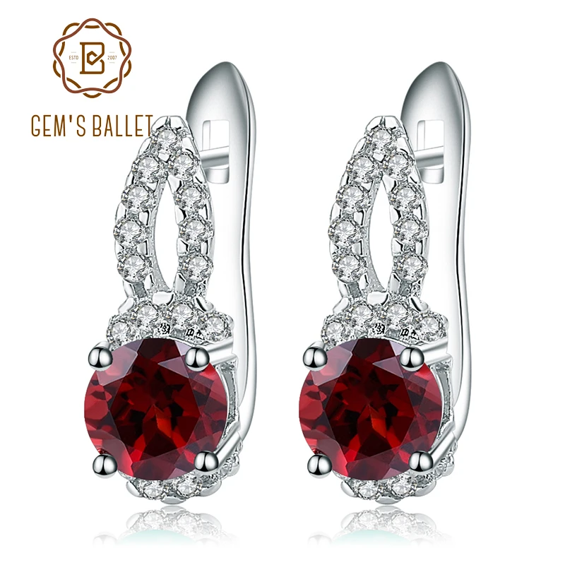 

GEM'S BALLET 925 Sterling Silver Stud Earrings 2.10Ct Natural Red Garnet Gemstone Simple Elegant Earrings for Women Fine Jewelry