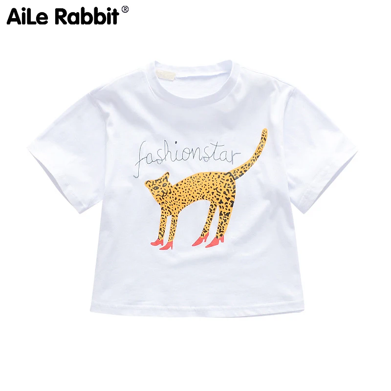 

AiLe Rabbit Girls Summer 2019 New Short Sleeve Top Cotton Cute Leopard Animal Nubao Primary School Students Short Sleeve t