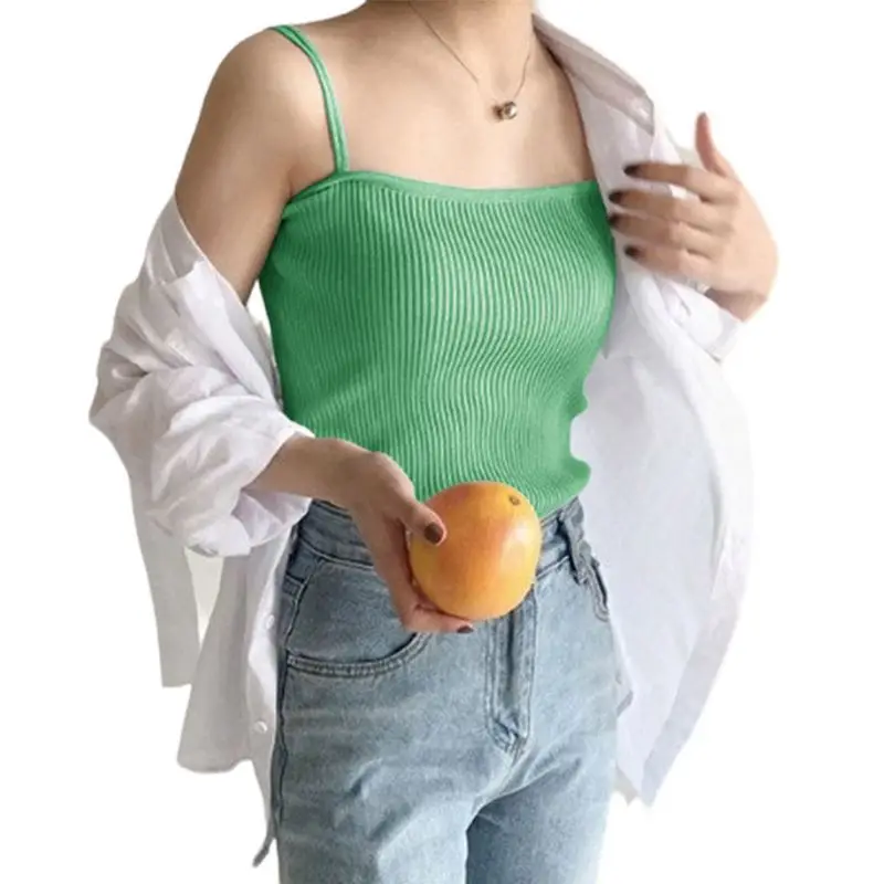 Korean Minimalist Women Sleeveless Ribbed Knit Vest Double Spaghetti Straps Plain Solid Color Camisole Casual Slim Tube Tank Top