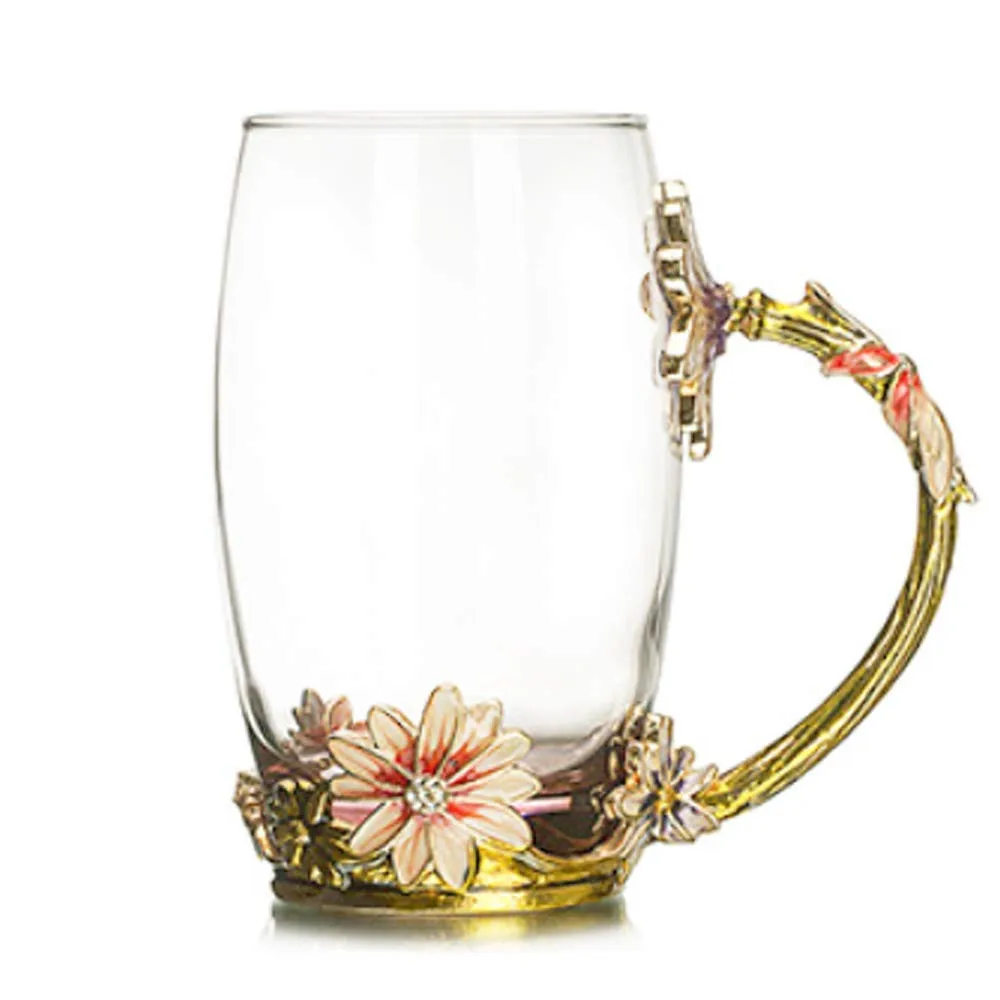 

Enamel Flower Crystal Glass Mug Cup Creative Handmade Tea Cups with Handle 11OZ personalized mugs Mother's Day, For Hot Beverage
