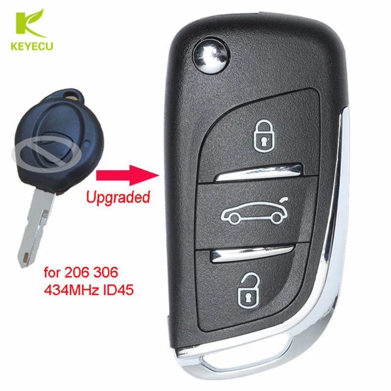 

KEYECU Upgraded Flip Remote Car Key Fob 1 Button 434MHz ID45 for Peugeot 206 306 from 1998 Uncut Blade 206