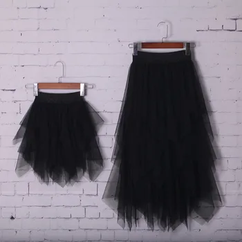 

2019 Summer Asymmetrical Lace Skirts for Mom and Me Family Pink Outfits Baby Girls Black Mesh Skirt Little Girl Mid-Calf Skirt