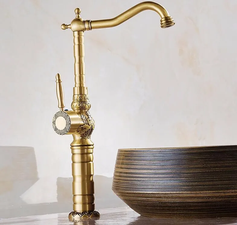 Высококачественный роскошный античный бронзовый кран для воды Медный резьба на бортике смеситель для ванной комнаты Высокий кран для раковины Смеситель