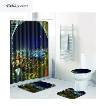 

Free Shipping 4Pcs Shinning City Banyo Bath Mats Set Anti Slip Bathroom Mat Tapete Banheiro Washable Toilet Rugs Alfombra Bano