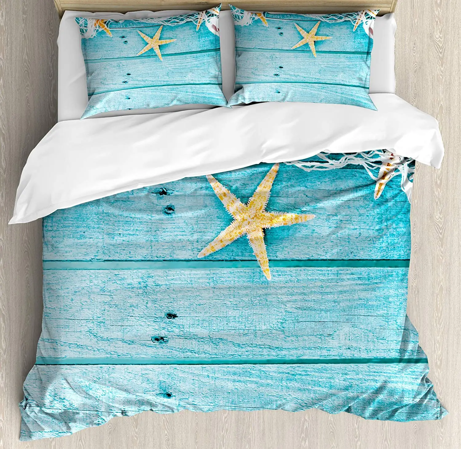

Starfish Decor Duvet Cover Set Queen Size Rustic Wood Boards Fishing Net and Ocean Animals Nautical Print Decorative 4 Piece Bed