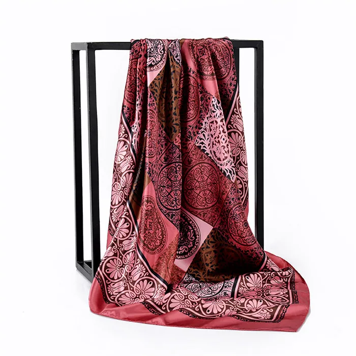 37 стиль хиджаб шарф женский роскошный бренд искусственный атлас шелковые шарфы платок квадратный платок новая мода платок 90*90 см - Цвет: FJ136 wine