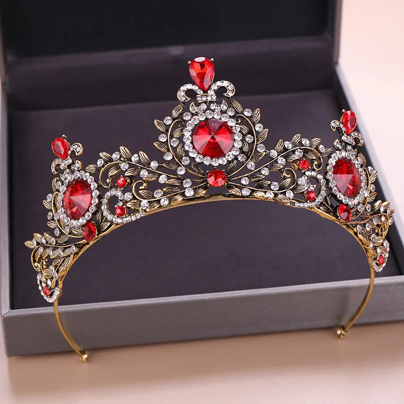 

Fashion Vintage Large Red Diamonds Crown Handmade Inlaid Rhinestone Crystal Headdress Bride Queen King Hair Accessories
