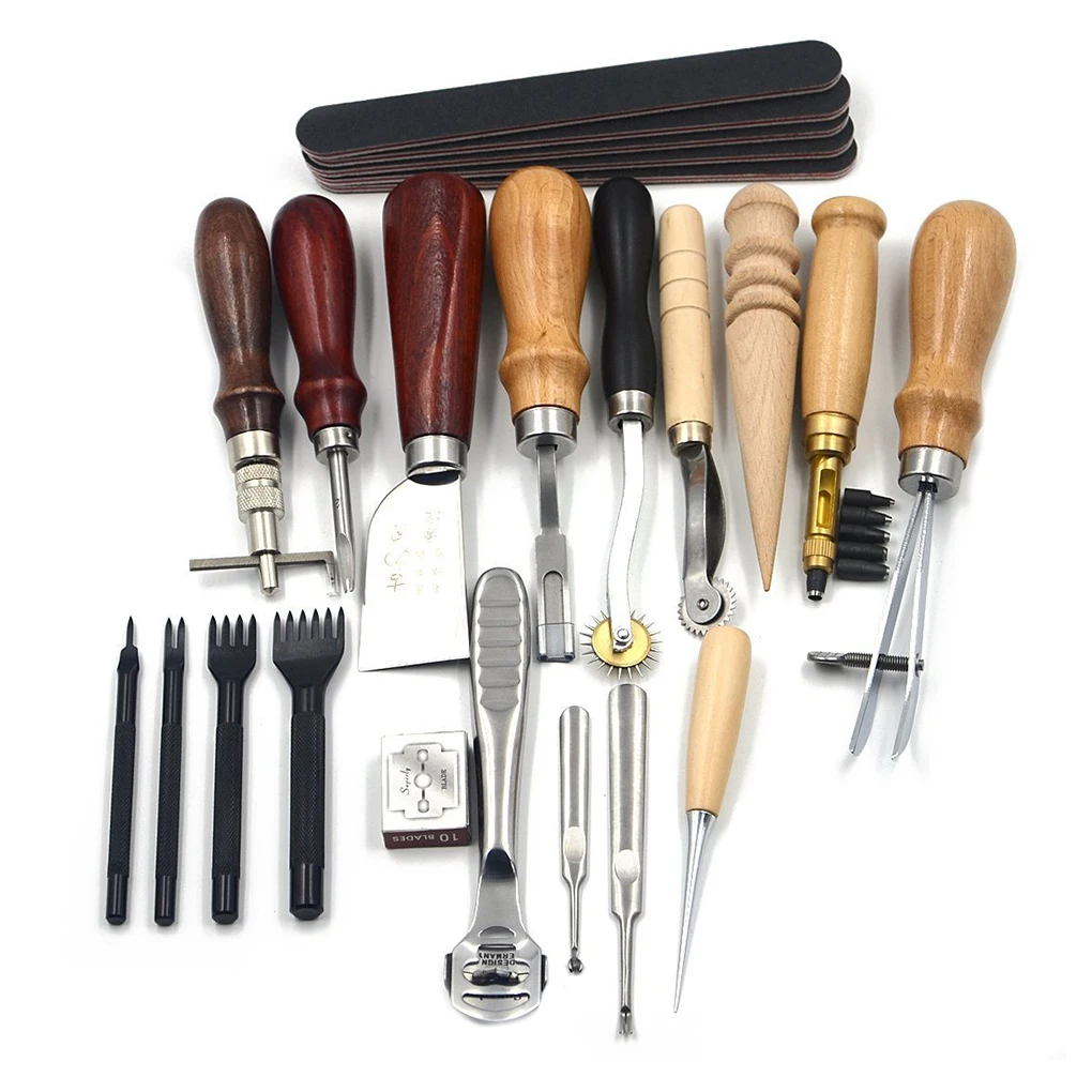 

2019 New 18PCS/Set Leather Craft Punch Tools Kit Stitching Carving Working Sewing Saddle Groover Leathercraft Accessories