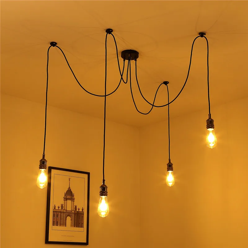 

Mrosaa 1.8m Vintage Pendant Lamp E27 4 Bulbs Holder Retro Industrial Spider Ceiling Adjustable Pendant Light DIY Lamp Rope