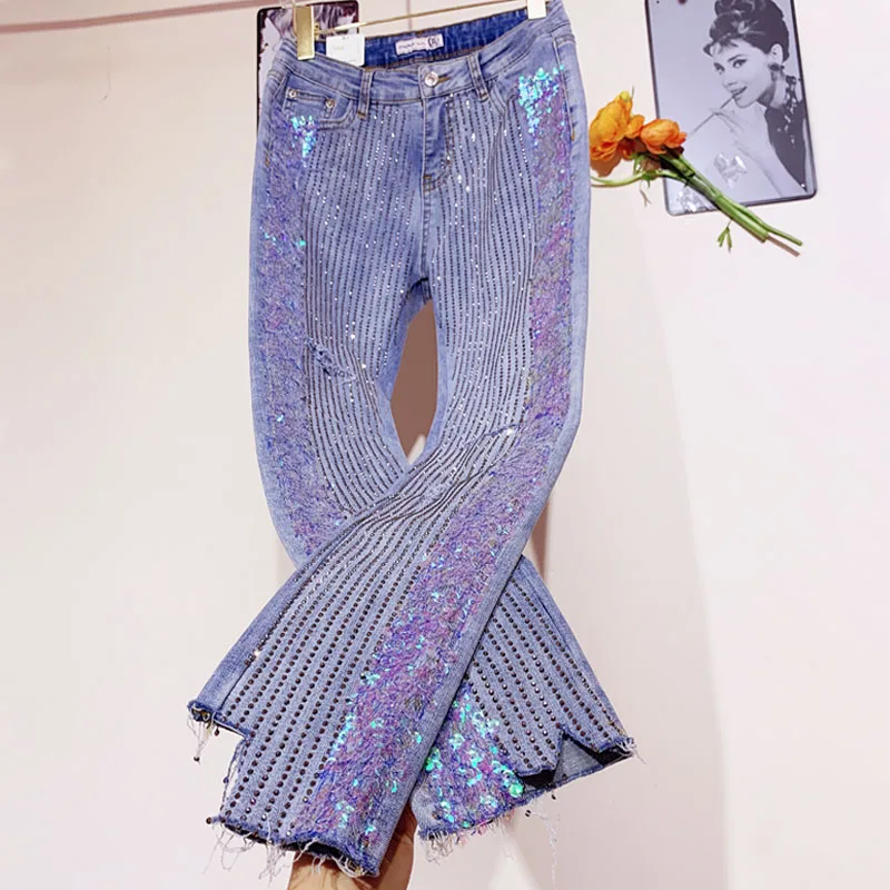 

Spring summer fashion new diamond jeans women heavy work side stitching sequins skinny pencil jeans