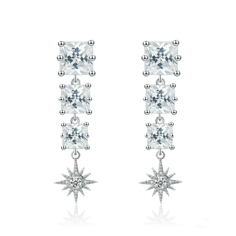 925 Sterling silver earrings Sun Flower vintage Drop earring for women Fine jewellery square dazzling cz diamond E16090010