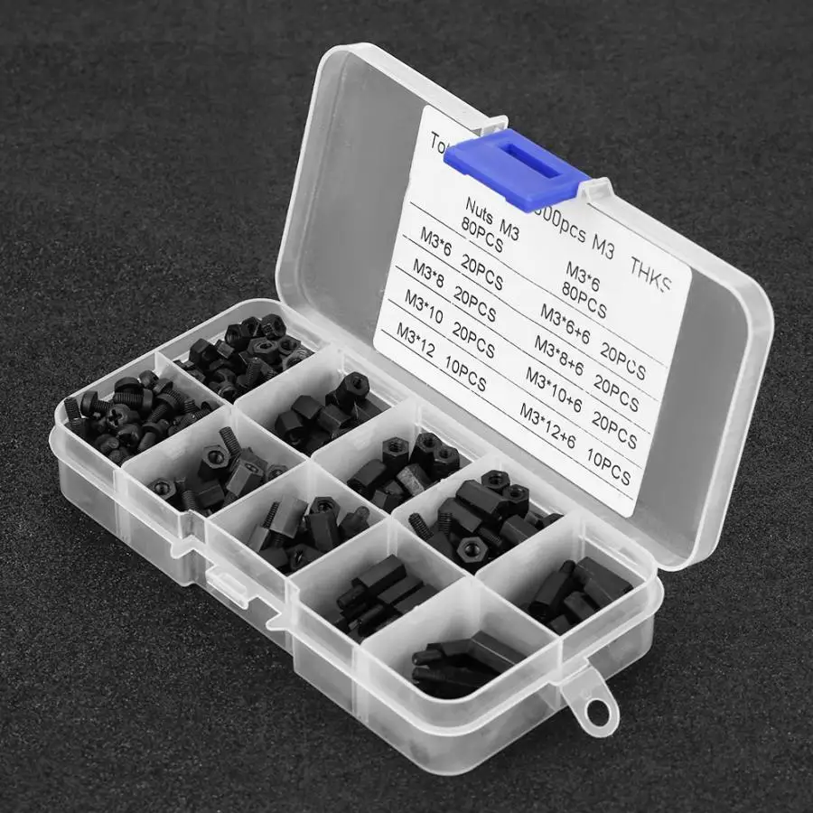 Tornillos de plastico 300 шт. черный M3 мужской женский стойки шурупы гайки набор с коробкой