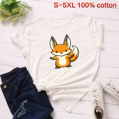 SINGRAIN размера плюс Лисичка женская футболка S-5XL милые Мультяшные футболки Harajuku базовые Топы с надписями Повседневная летняя футболка с животным принтом - Цвет: off white