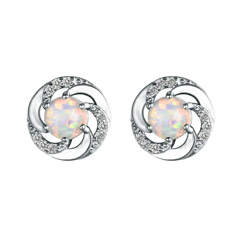 

Bamos White/Blue Fire Opal Stud Earrings Cute Flower Bridal Earrings For Women 925 Sterling Silver Filled Wedding Jewelry