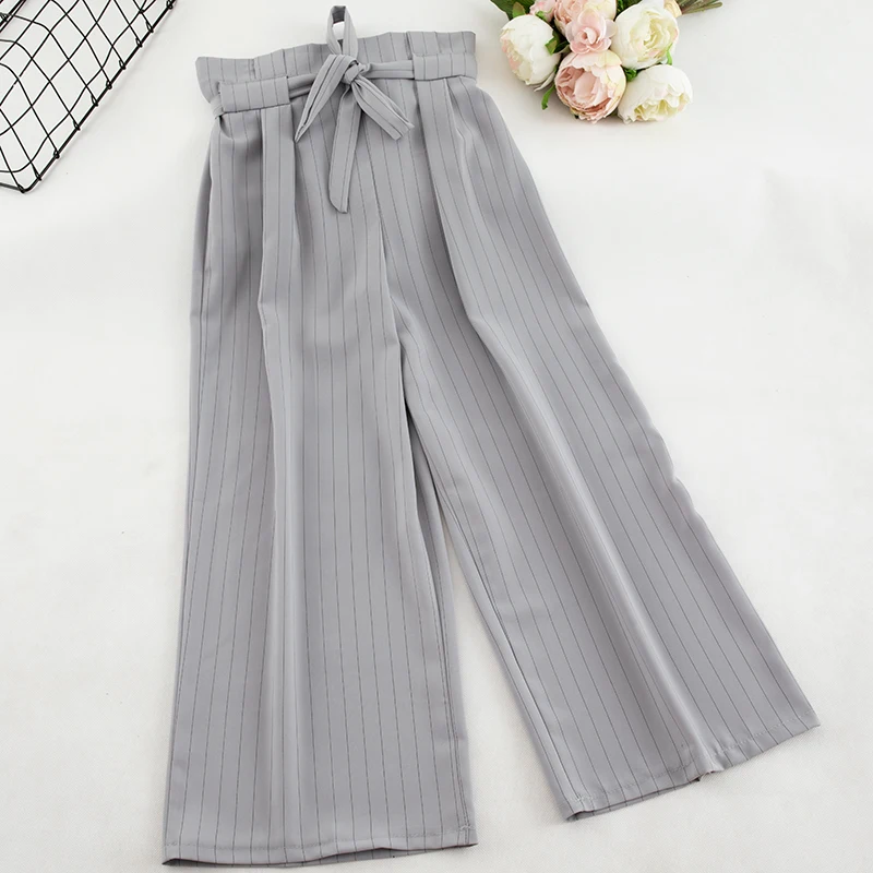 Striped Wide Leg Long Pants Women Sweet Elegant High Waist With Sashes Chiffon Trouser Female Fashion Office Wear Bottoms | Женская