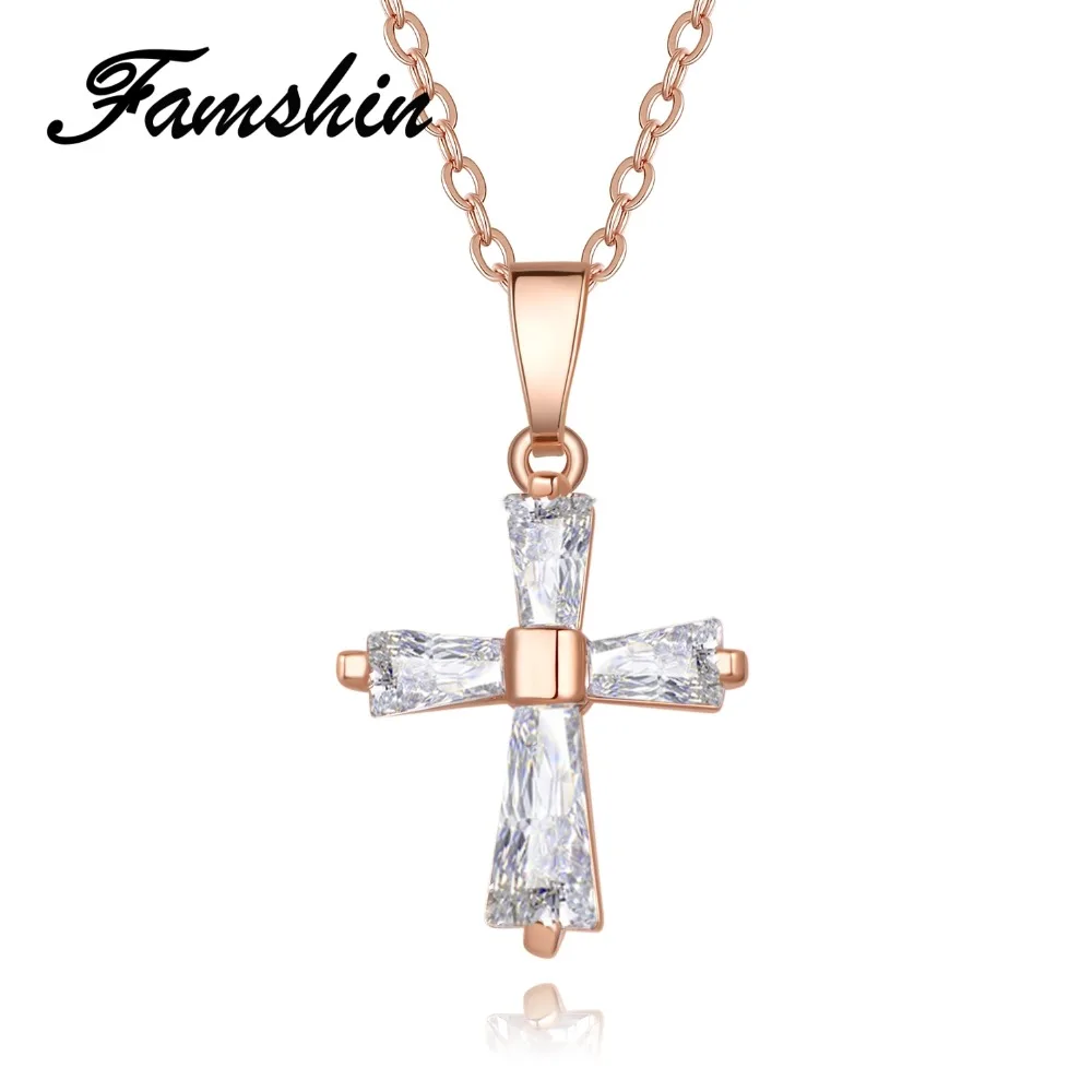 

FAMSHIN Rose Gold Color Cross Pendant Necklaces For Woman Crystal Pendant Cubic Zirconia Long Necklace Bijoux Jewelry Wholesale