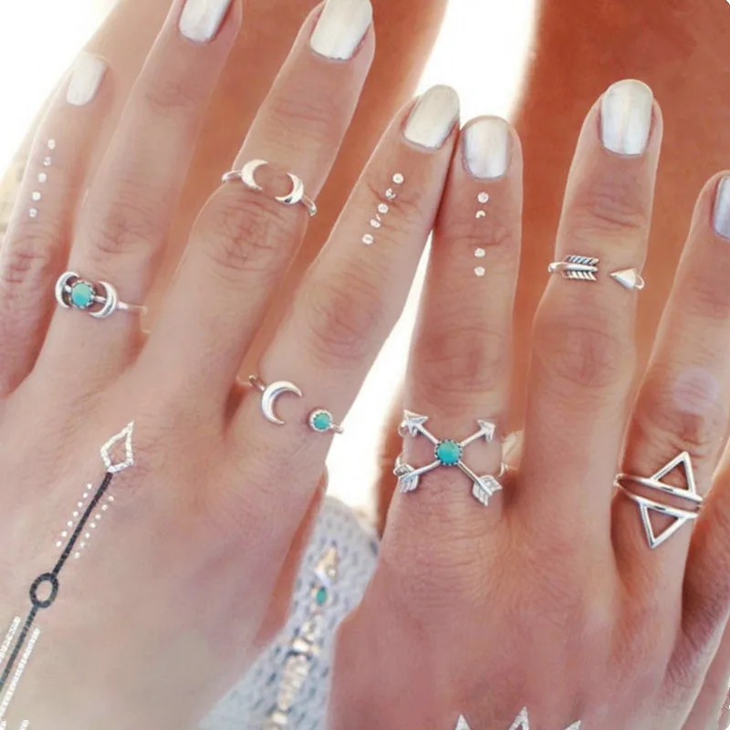 

2018 Vintage Exaggerated Arrow 6PCs/Set Ring Geometry Green Gem Blue Gem Stone Ring Moon Personality Combination Six Set Ring