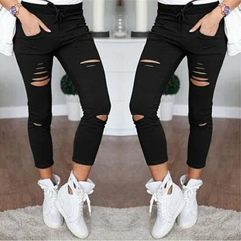 

1pcs Pants Women Skinny Ripped Hole Black Women Trousers Ankle-length Pants Slim Large Size Pantalon Femme Pencil Pants
