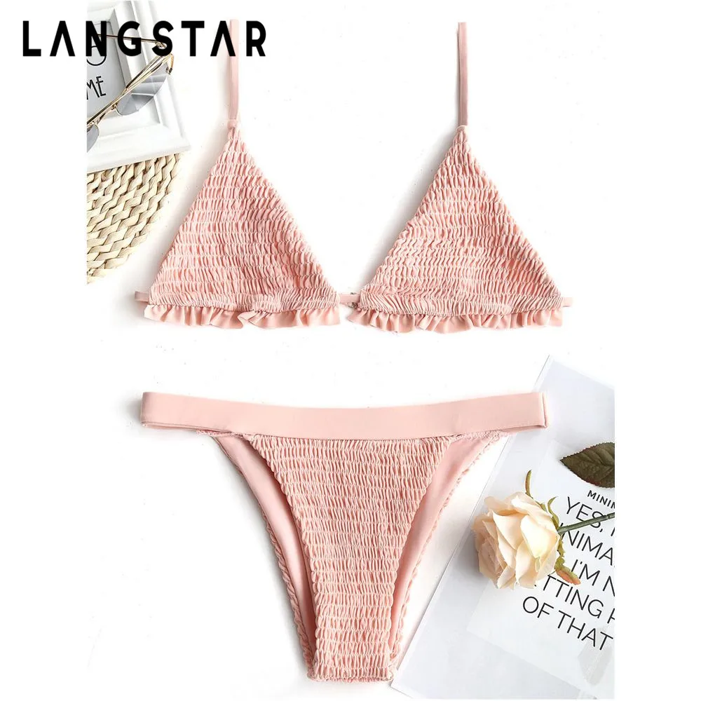 LANGSTAR 2018 New Women Bralette Smocked Ruffles Bikini Set Swimwear Women Swimsuit Spaghetti Straps Sexy Low Waist Bathing Suit letter tape straps twist bralette