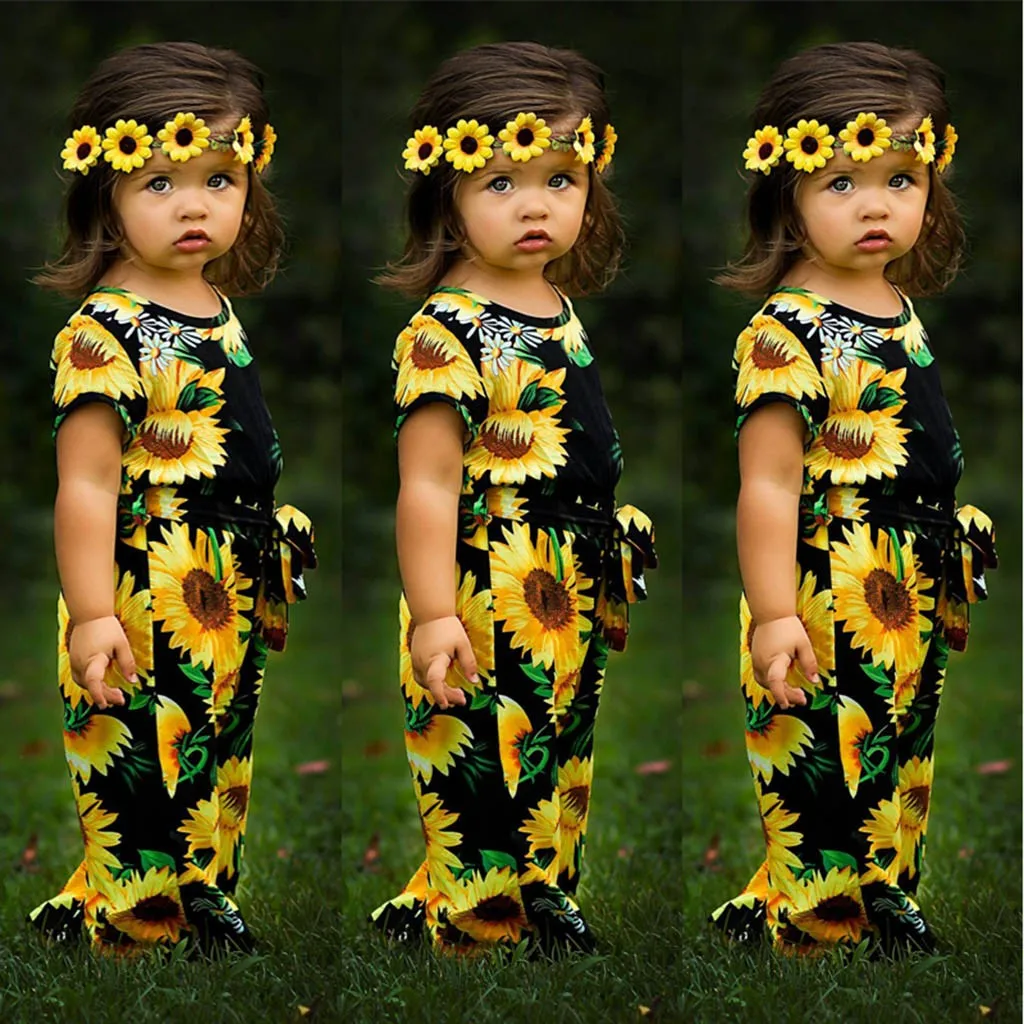 

Children Kids Girls Short Sleeve Sunflower Print Bodysuit Jumpsuit Clothes Bohemian style summer Big girl clothing girl outfi