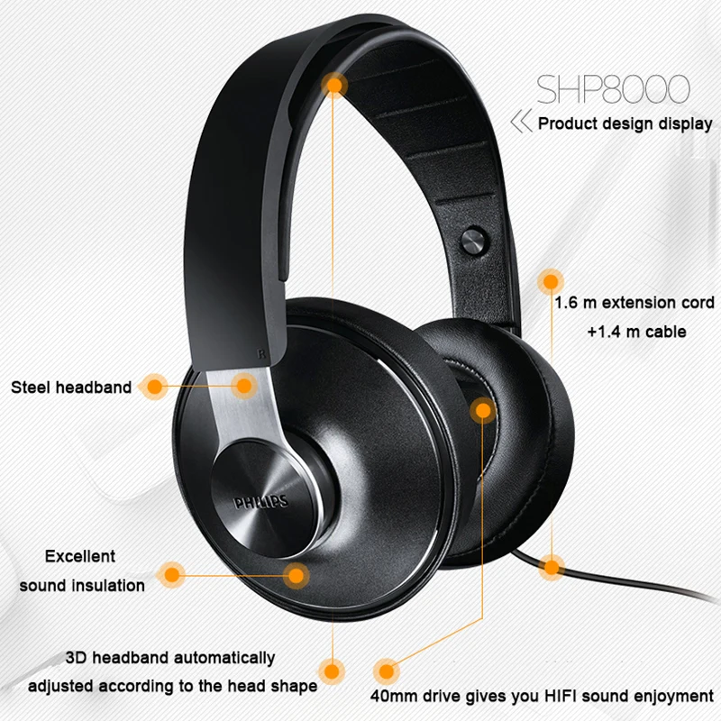 Профессиональные наушники Philips Hi Res Audio SHP8000 с драйвером 40 мм Fi звуковая поддержка