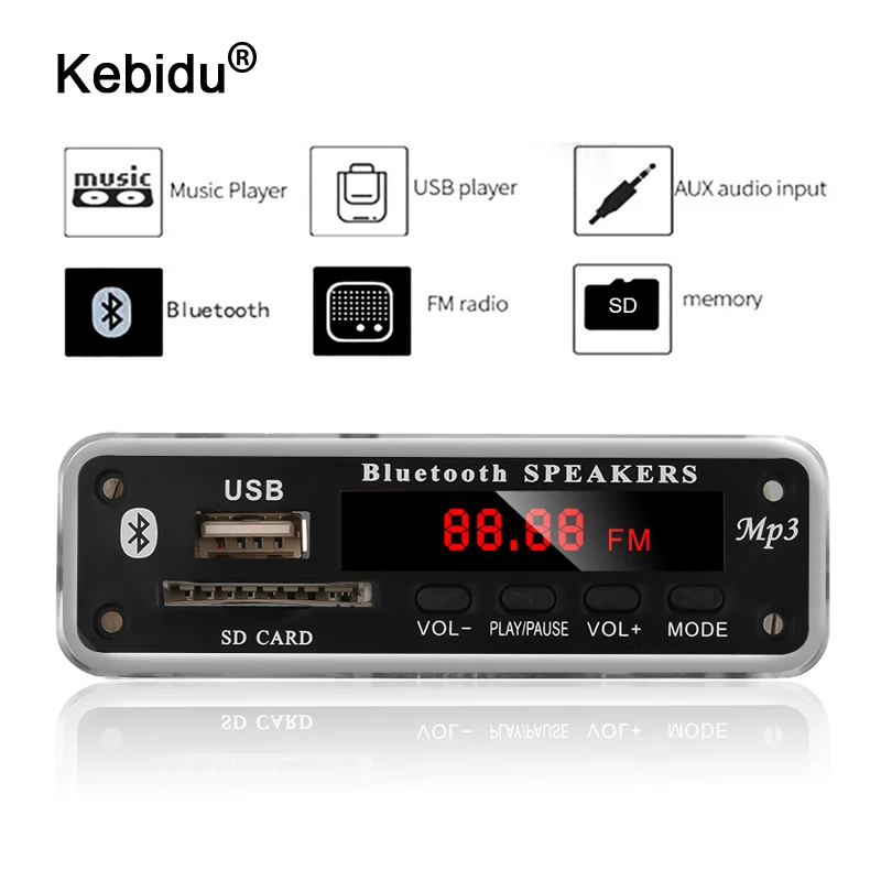 Kebidu 5 в 12 В DC SD FM радио аудио mp3 плеер AUX 3 мм MP3 модуль декодер плата USB источник