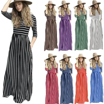 

Autumn New Fashion Women Long Sleeve Striped Printed Casual Pockets Long Maxi Dress Wholesale Free Ship Z4