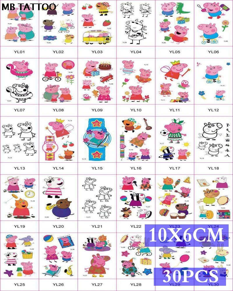 

MB 30pcs 30Pcs Different For Pig Peggy Tattoo Sticker Social People Cartoon Tatoo Waterproof Lasting Child Arm