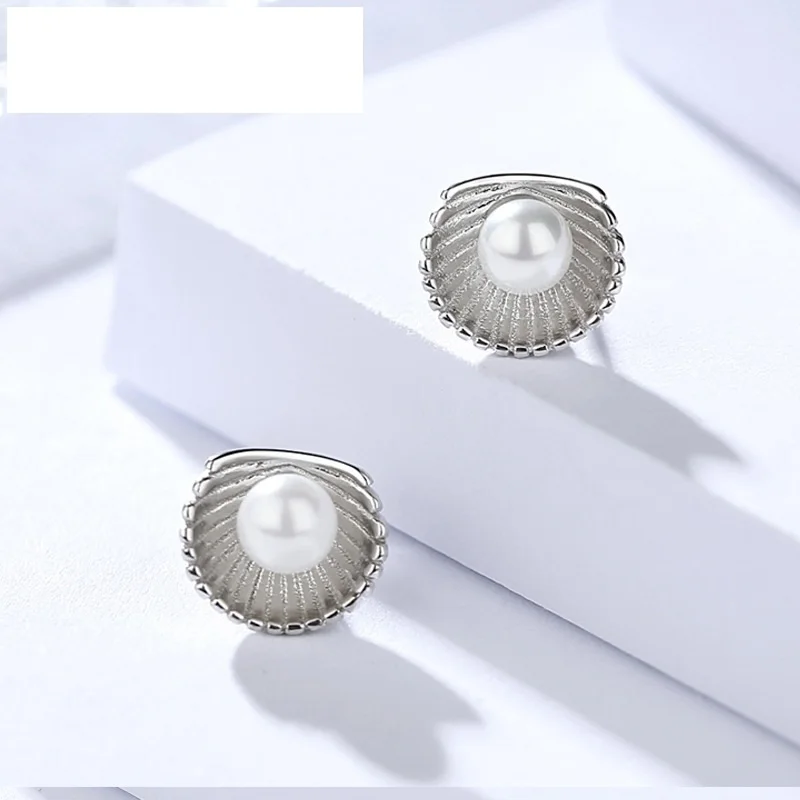 

wholesale!Genuine 925 sterling silver earring stud Simple Beautiful Shell /white pearl ball Earrings stud for women fine jewlery