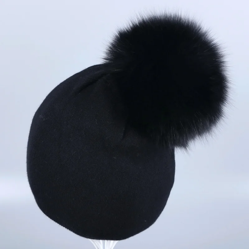Женские кашемировые зимние шапки брендовые шапочки мягкие теплые однотонные винтажные настоящие лиса, норка pom poms Женская модная брендовая зимняя шапка - Цвет: Fox Pom black hat