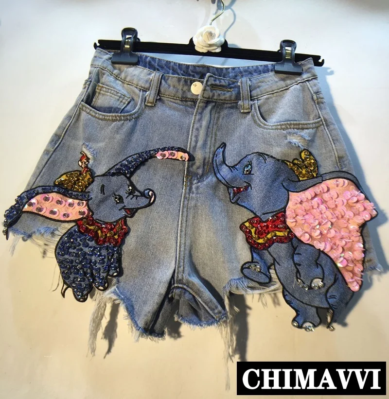 

European 2019 Summer Heavy Beaded Sequins Little Elephant High-waisted Denim Shorts Hot Pants Students Hole Jeans Shorts