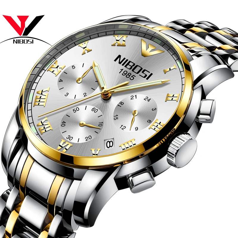 

NIBOSI Relogio Masculino Mens Watch Silver and Gold Men's Watches Clock Man Full Steel Quartz Clock Man Stainless Steel Watch