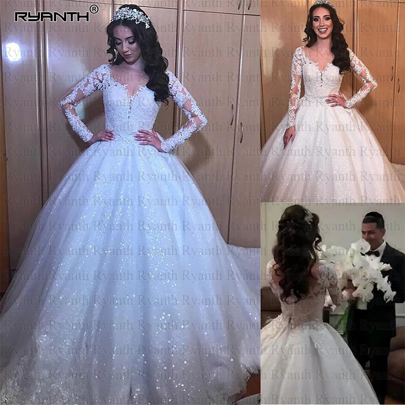 

Shinning Robe De Mariee 2019 Luxury Long Sleeves Lace Ball Gown Princess Wedding Dress Cheap Sheer O Neck Vestido de Noiva