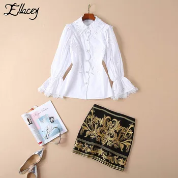 

Ellacey Catwalk Fashion High-end Skirt Suit Female Hollow Out Embroidery Blouse Two Piece Set Women Brand Mini Skirt 2 Piece Set