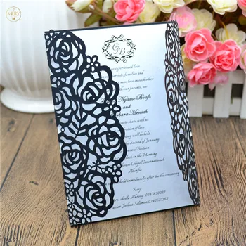 

100pcs black matte paper laser cut rose wedding cards invitation