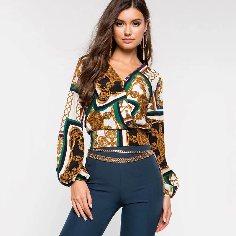 

Long Sleeve Compass Printed Short Tops V-Neck High Waisted Lantern Sleeve Causal Blouses Women Spring Autumn Female Tops Blusas