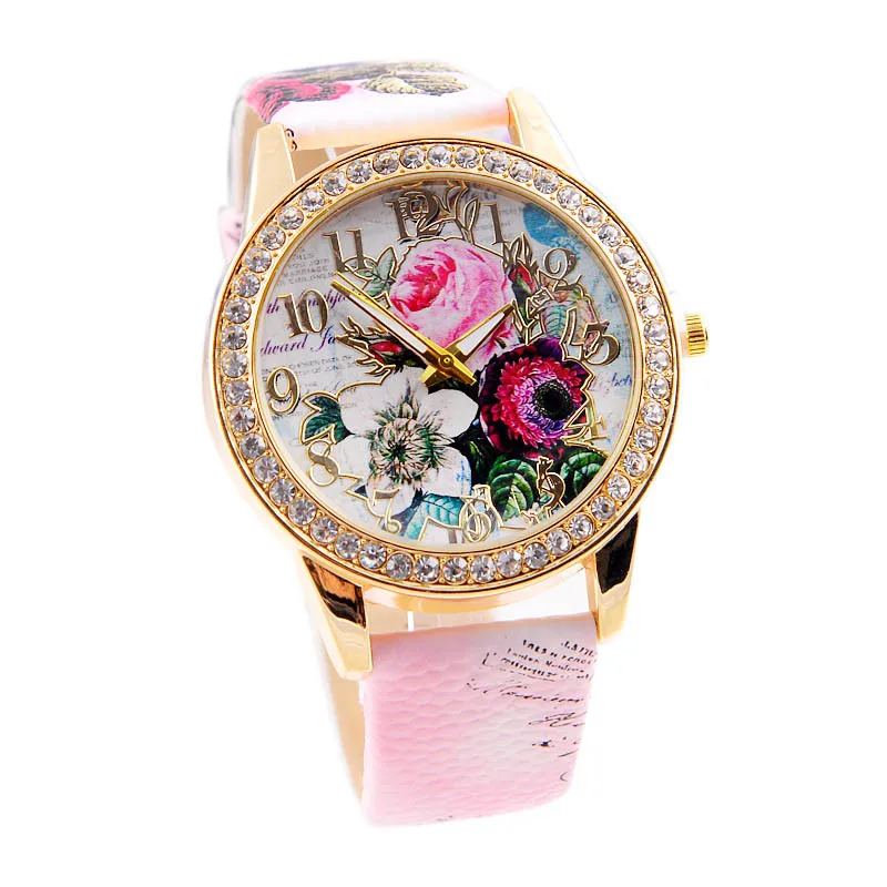 

Splendid HOT Electronic Watch Women's Flower Mission Fashion Women Colored Diamond PU Leather Watch