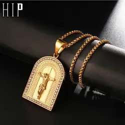 Хип хоп Bling Винтаж со стразами яркий Кристиан ожерелья в виде креста с иссусом и подвески нержавеющая сталь Золото Цвет для мужчин