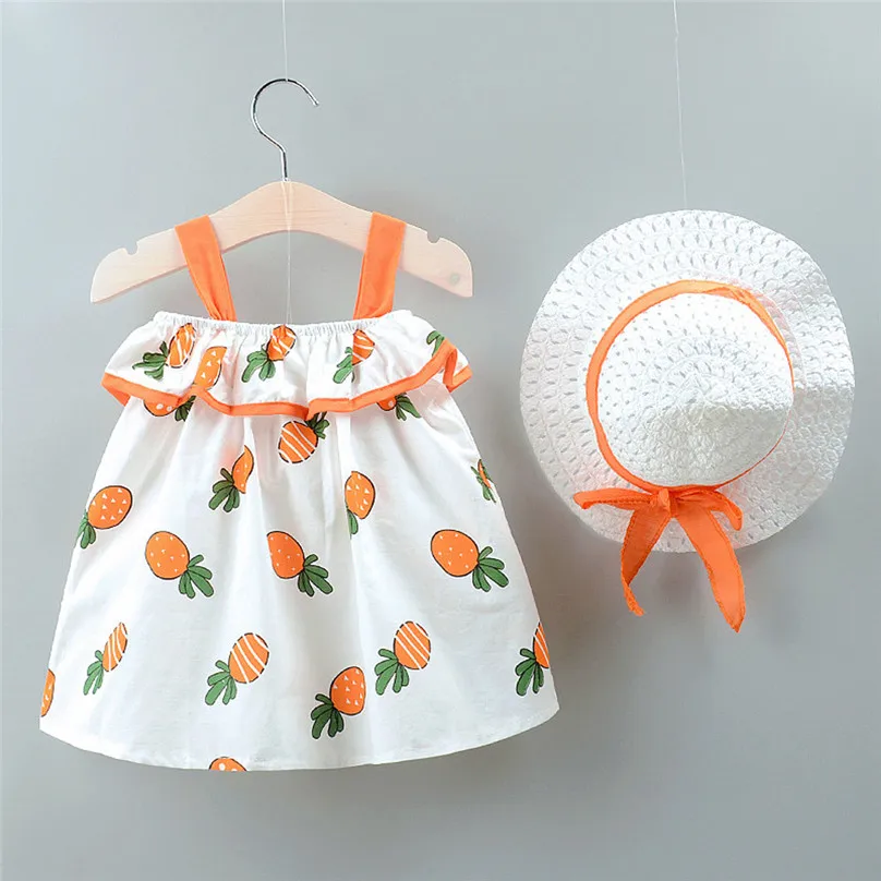 

Kids Toddler Baby Girl Dress Fruits Printed Casual Dresses Bow Party Princess Dress Clothing Child Girl Costume+Hat Set L13