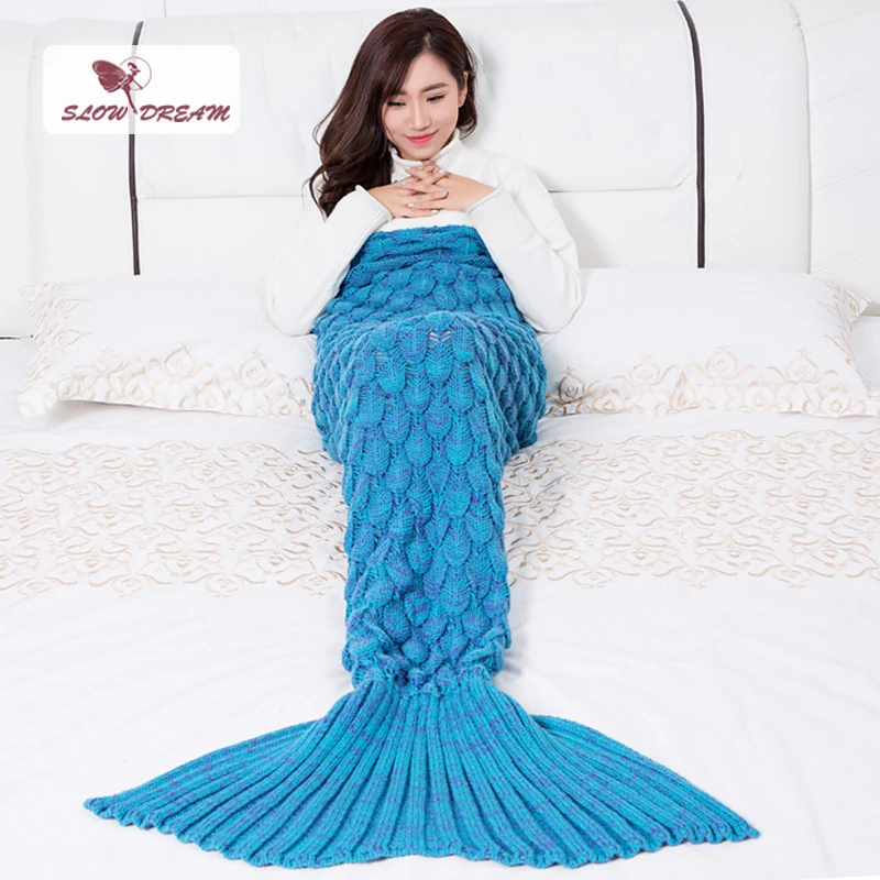 

Slowdream Mermaid Blanket Winter Throw Bedspread Knitted Handmade Crochet Lake Blue Mermaid Blanket Wrap Sleep Bed Sofa Cover