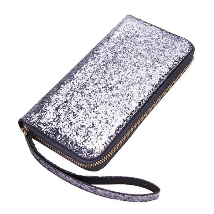 Hot Selling Women Long Wallet Sparkly Sequins PU Leather Bag Hand-held Phone Card Holder-B5