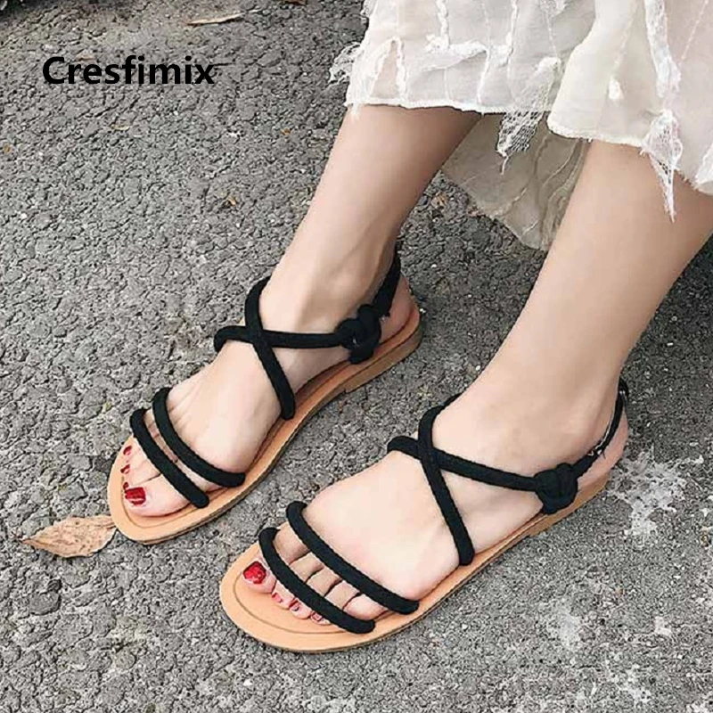 Cresfimix women fashion comfortable spring & summer flat sandals lady cute black stripe crisscross sandals cool sandals a2065