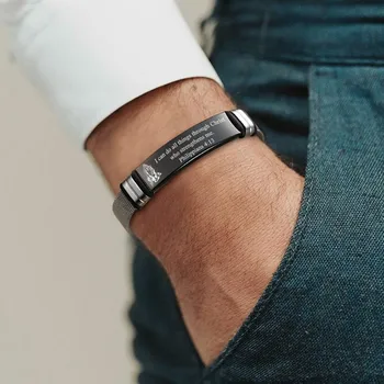

Engraving Bible Verse ID Tag Bracelet for Men Women Stainless Steel Micro-Mesh Adjustable Brackelts Brazalet Brazalete