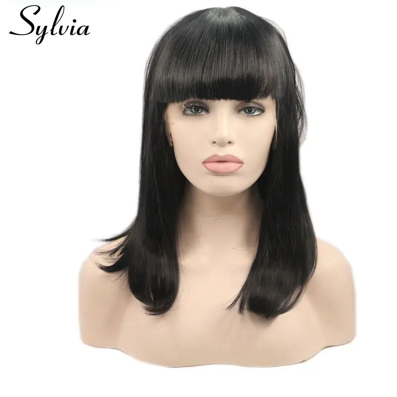 Sylvia натуральный черный средние боб парики с челкой жаропрочных волокна волос синтетические кружева спереди парик для женщин мягкие прямые