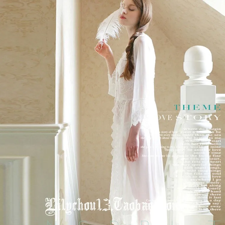 Чисто сексуальное Длинное ночное белое кружевное винтажное платье принцессы сорочка в средневековом стиле Европейский стиль Дворцовое платье красивое Vestidos