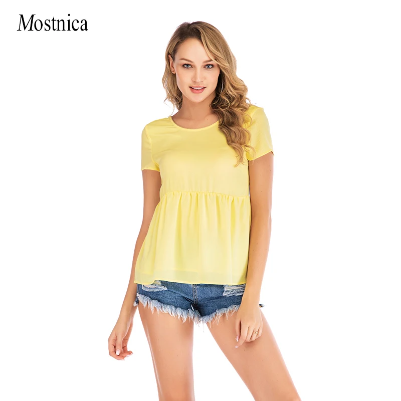 

Mostnica Causal Pleated Ladies Chiffon Blouse Black Hollow Out Short Sleeves Office Women Tops Lace Mesh Lady Blouses For Woman