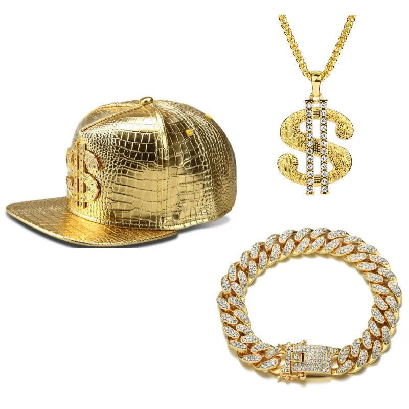 Men hip hop gold cap letter A cap hat+Necklace+bracelet Set jewelry Diamond ice out cuban chian Luxury Jewelry set For Men