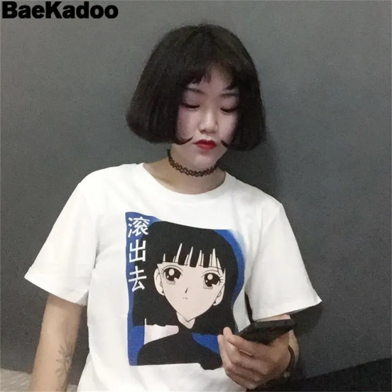 Женские летние футболки BAEKADOO в японском стиле с мультяшным принтом короткими