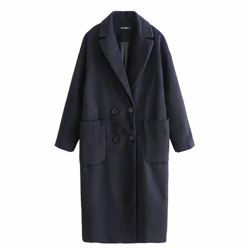 Зимнее Новое однотонное повседневное двубортное длинное шерстяное пальто с длинными рукавами Женское пальто Женская куртка с отворотом - Цвет: Тёмно-синий